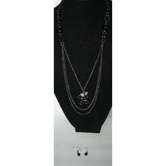 3/$15 Black Beaded Necklace & Matching Earrings Triple Strand New Womens Jewelry - Picture 1 of 5